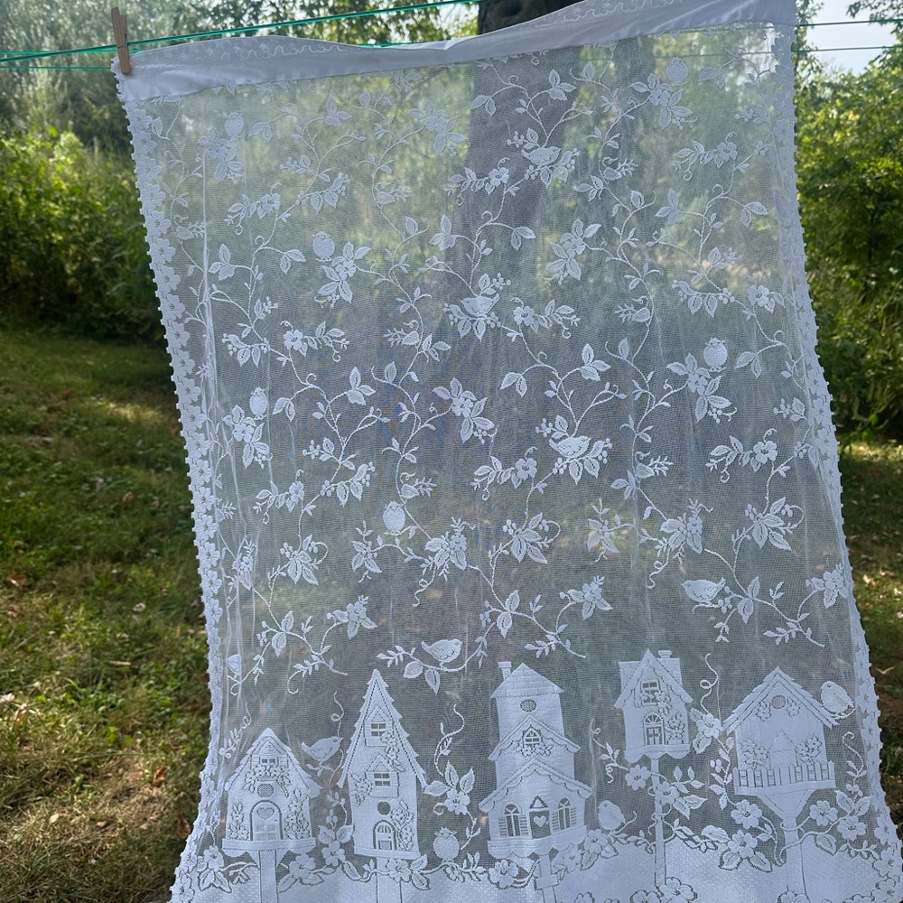 Cottagecore White Lace Curtain with Floral and Bird House Design
